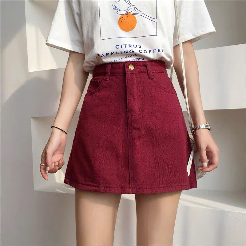 Chân váy jean kaki nữ chữ A chân váy bò ngắn cạp cao kèm quần trong phong cách ulzzang Hàn Quốc V01