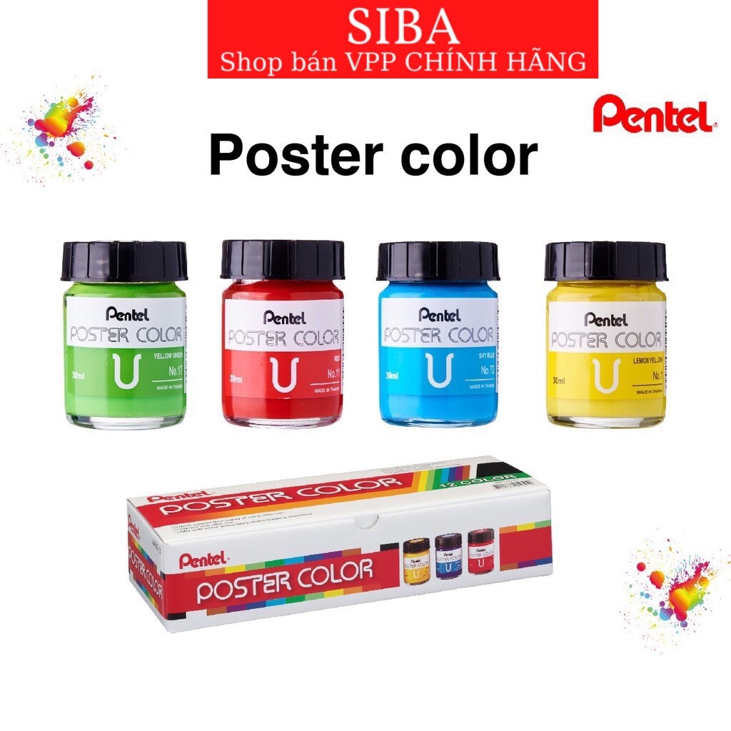 Màu poster Pentel, bộ 12 màu bột pha sẵn lọ thuỷ tính 30ml WPU2