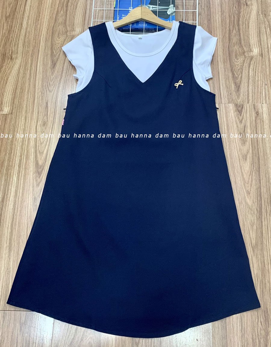 [HANNA] Đầm bầu yếm công sở màu đen dáng suông có size 40-80kg vải cao cấp mềm mát thấm mồ hôi tốt dáng suông gọn dáng vải không nhăn không xù có 2 túi bên sườn