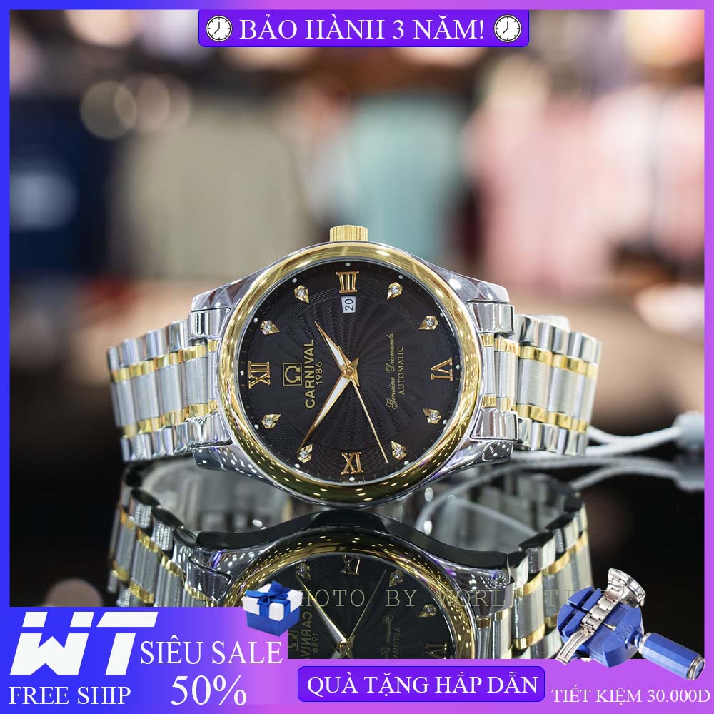 Đồng hồ nam dây thép, đồng hồ cơ Carnival 8671G mặt kính saphire chống xước, fullbox và bảo hành 3 năm