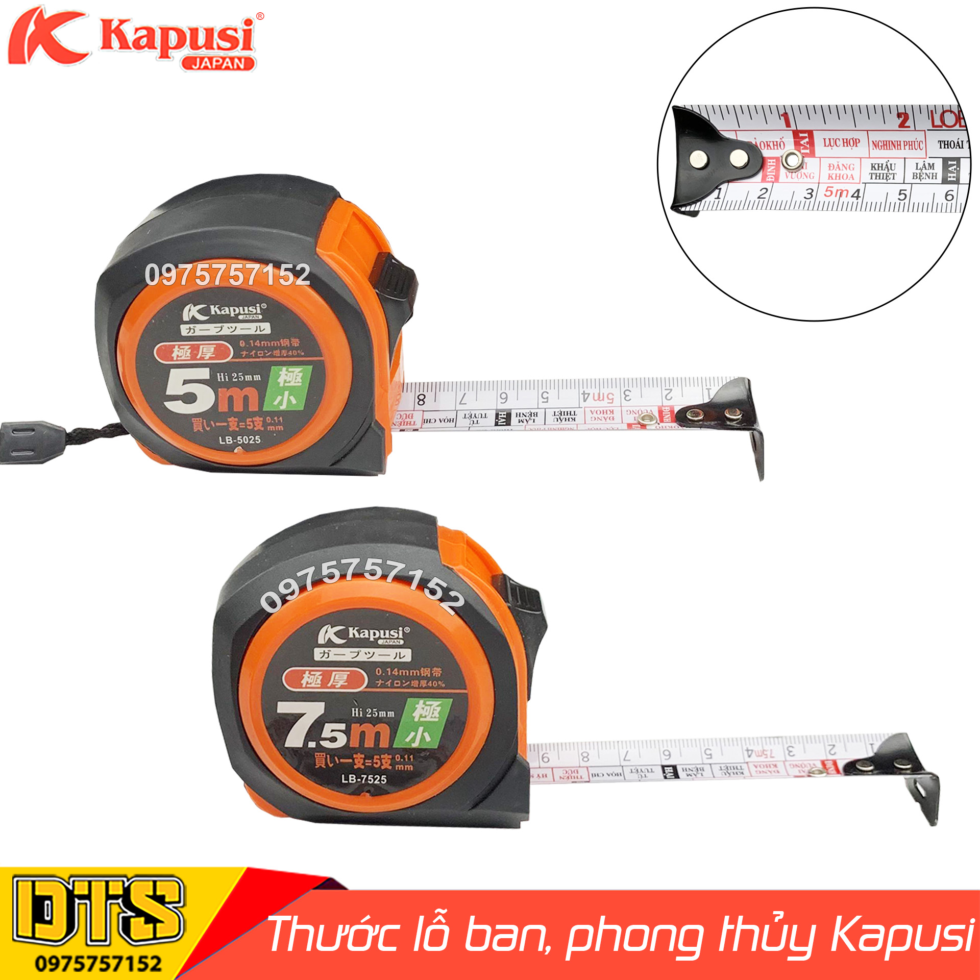 Thước rút chuẩn phong thủy, thước kéo lỗ ban Kapusi JAPAN nền trắng, chữ Tiếng Việt sắc nét, thước phong thủy chính xác, thước lỗ ban hàng đẹp