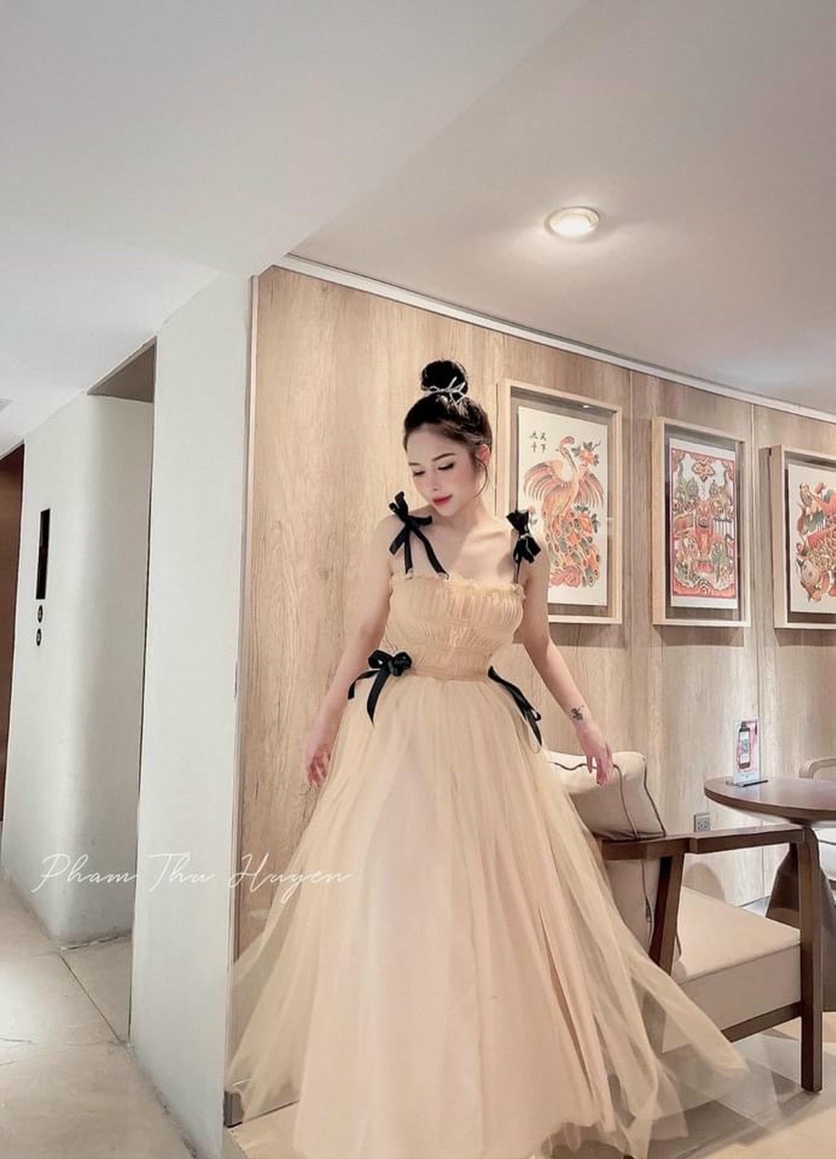 Đầm Lưới Đính Nơ,Đầm 2 Dây Phối Nơ,LY STORE