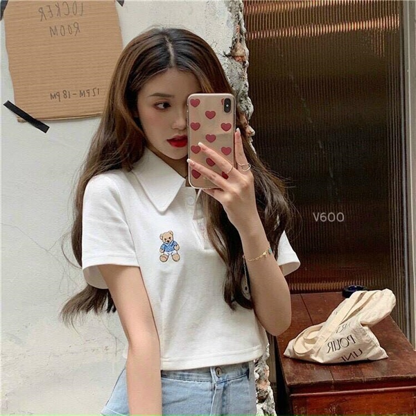 Áo Croptop Polo Thêu Gấu