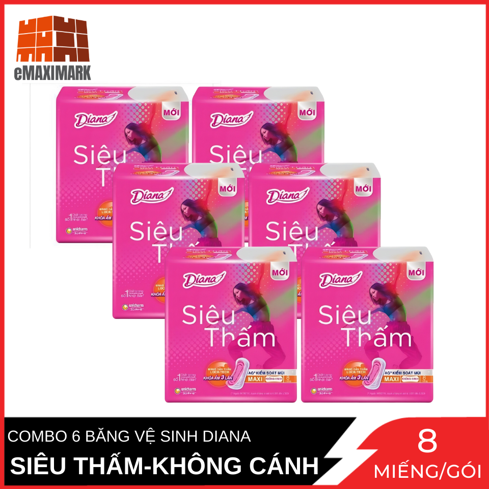 [HCM ship 2h] Combo 6 Băng Vệ Sinh Diana Siêu thấm Maxi (Dày) Không Cánh Gói 8 Miếng