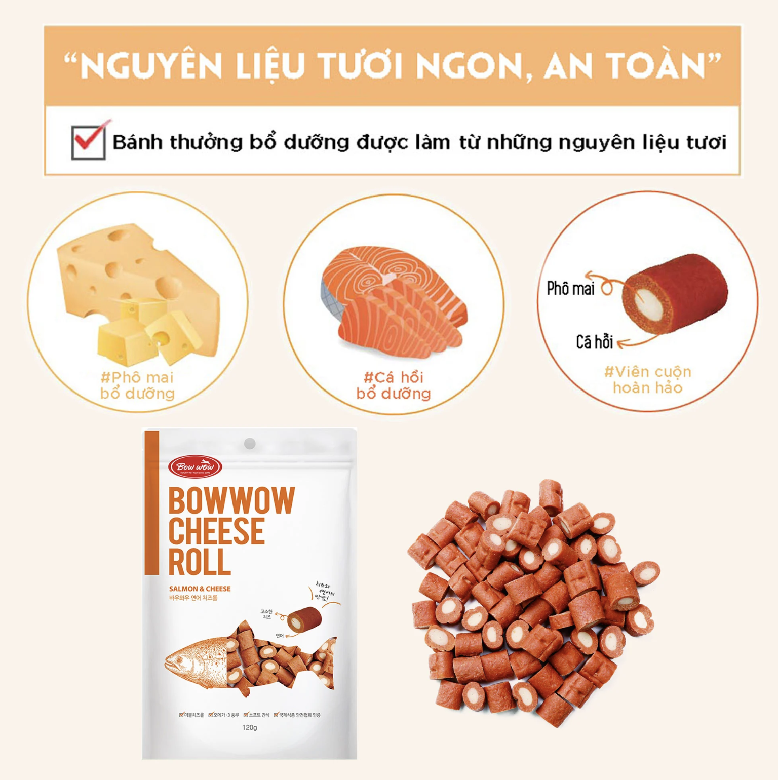 Viên thịt cá hồi cuộn phô mai BowWow cho chó 120g