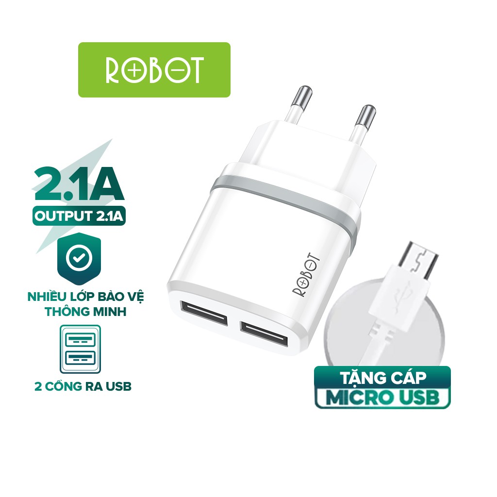 [99 điểm] Cốc Sạc ROBOT RT-K9 - 2 Cổng Sạc Ra Sạc USB - Kèm Cáp Micro 1m