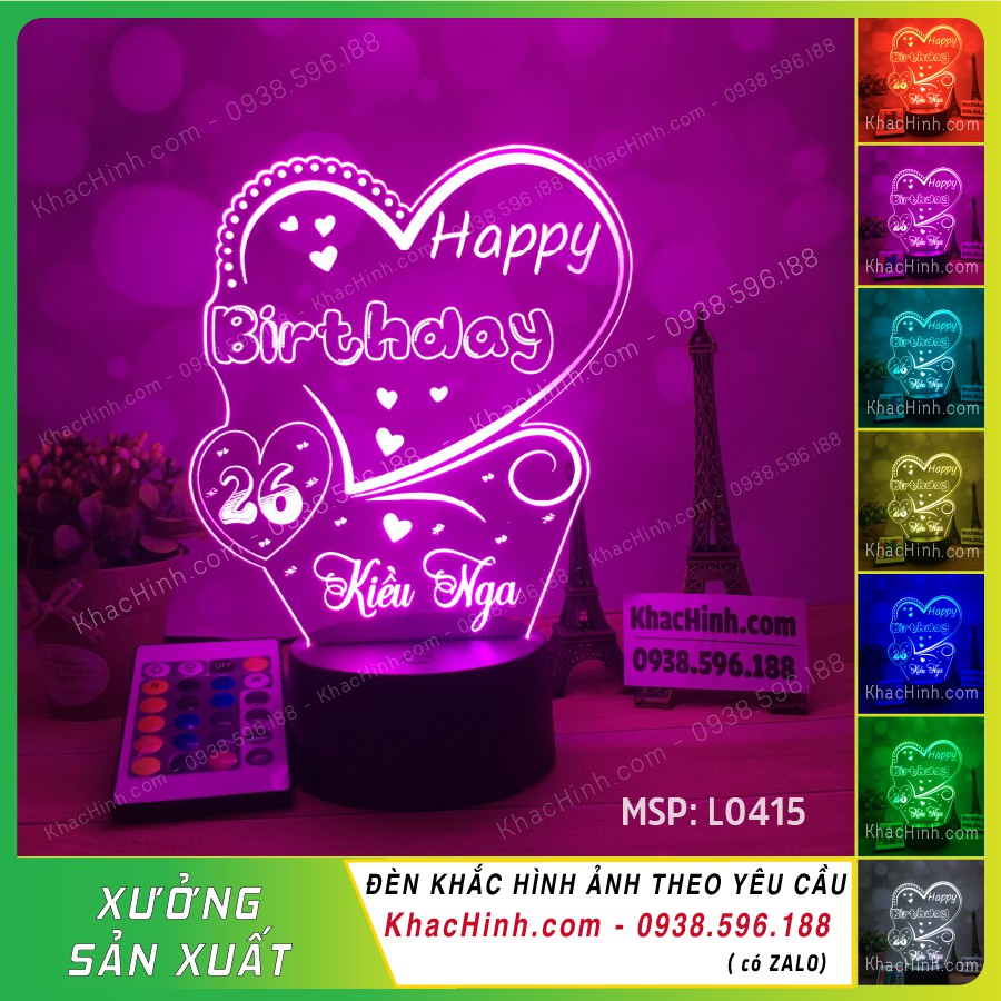 Đèn ngủ led 3D 16 màu HAPPY BIRTHDAY TRÁI TIM L415, Đèn led khắc hình theo yêu cầu, đèn khắc hình cá nhân, đèn để bàn, đèn ngủ, đèn trang trí, quà tặng sinh nhật, quà tặng người thân bạn bè