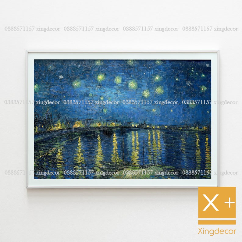 Tranh Treo Tường Starry Night Van Gogh, Tranh Canvas Có Khung Và Móc Tặng Kèm.