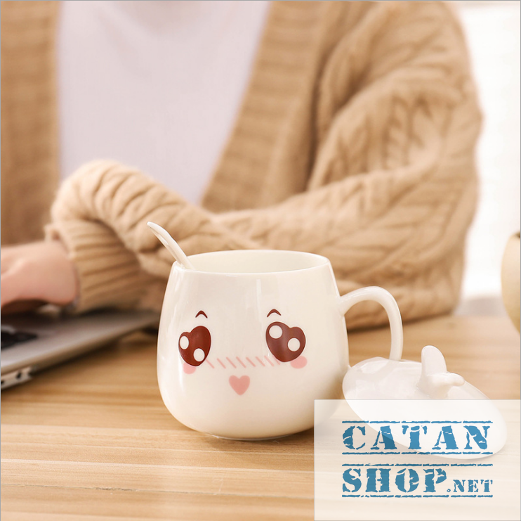 01 Cup ceramic cup with lid (attached spoon) the expressive super cute (delivery random pattern) HK062