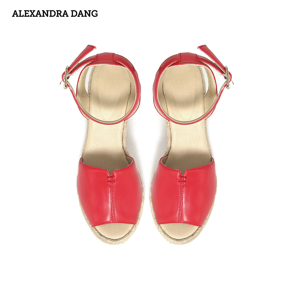 Giày Sandal Da Đế Xuồng Bọc Cói AD màu đỏ