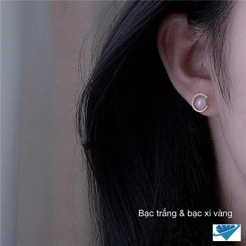 Bông tai bạc tròn gắn trai chất liệu bạc s925 MS06