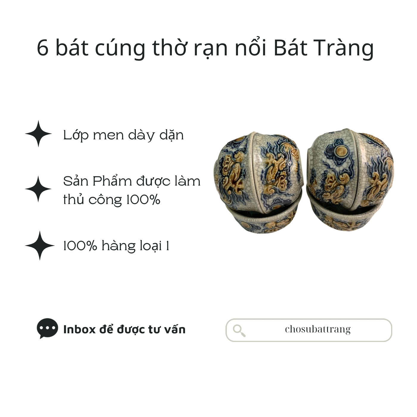 Bộ 6 Bát Cúng Thờ Men Rạn Nổi Bát Tràng Cao Cấp (Vip) – Chợ Sứ Bát Tràng