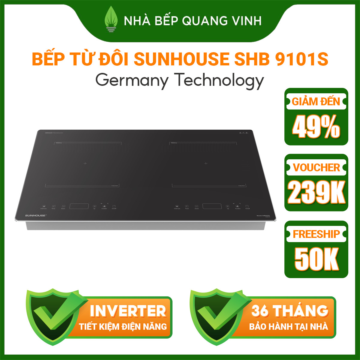 Bếp từ đôi sunhouse shb 9101s seri 6 - germany technology, inverter tiết kiệm điện bảo hành 3 năm tại nhà-quang vinh
