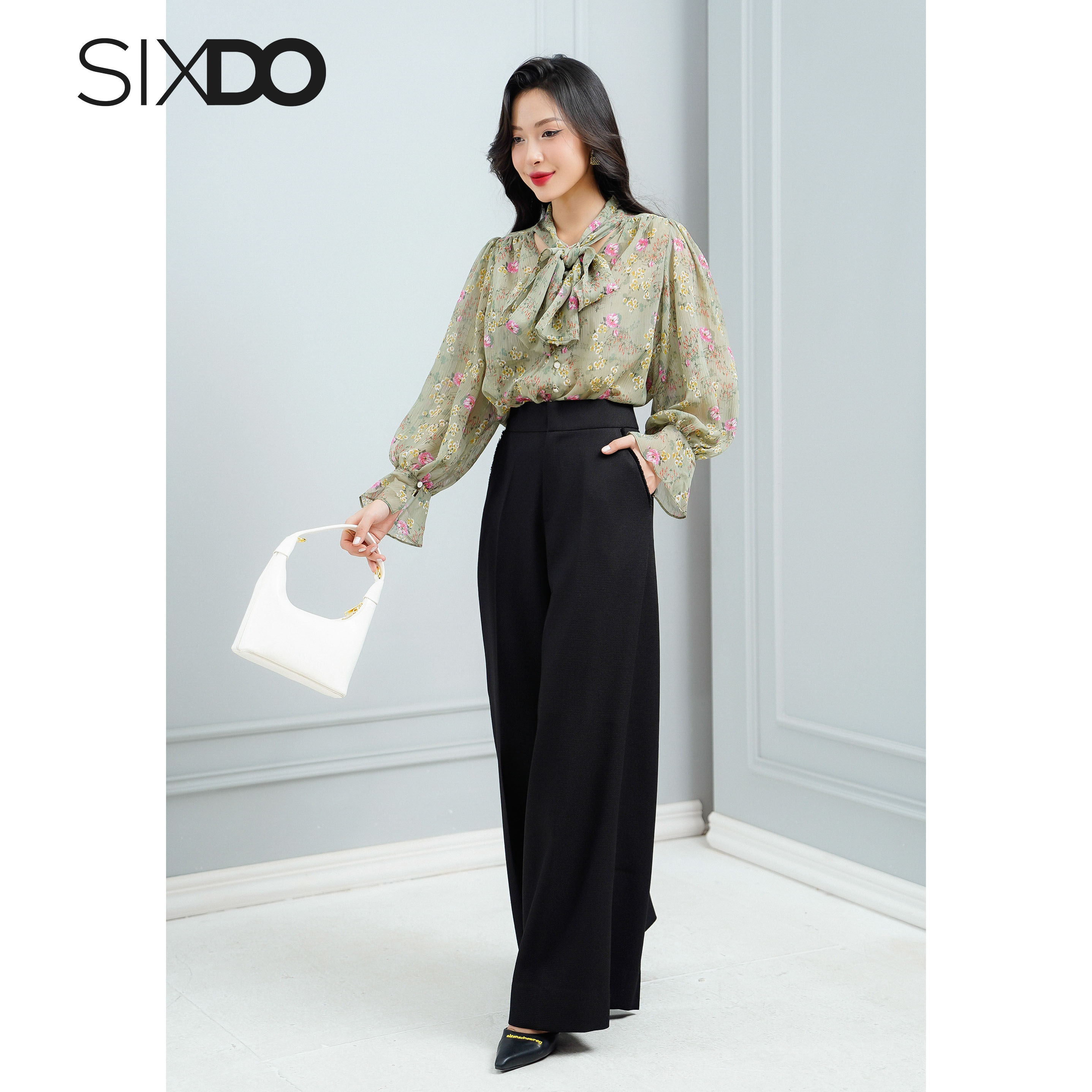 Áo sơ mi nữ voan tay phồng thời trang SIXDO (Olive Floral Voile Shirt)