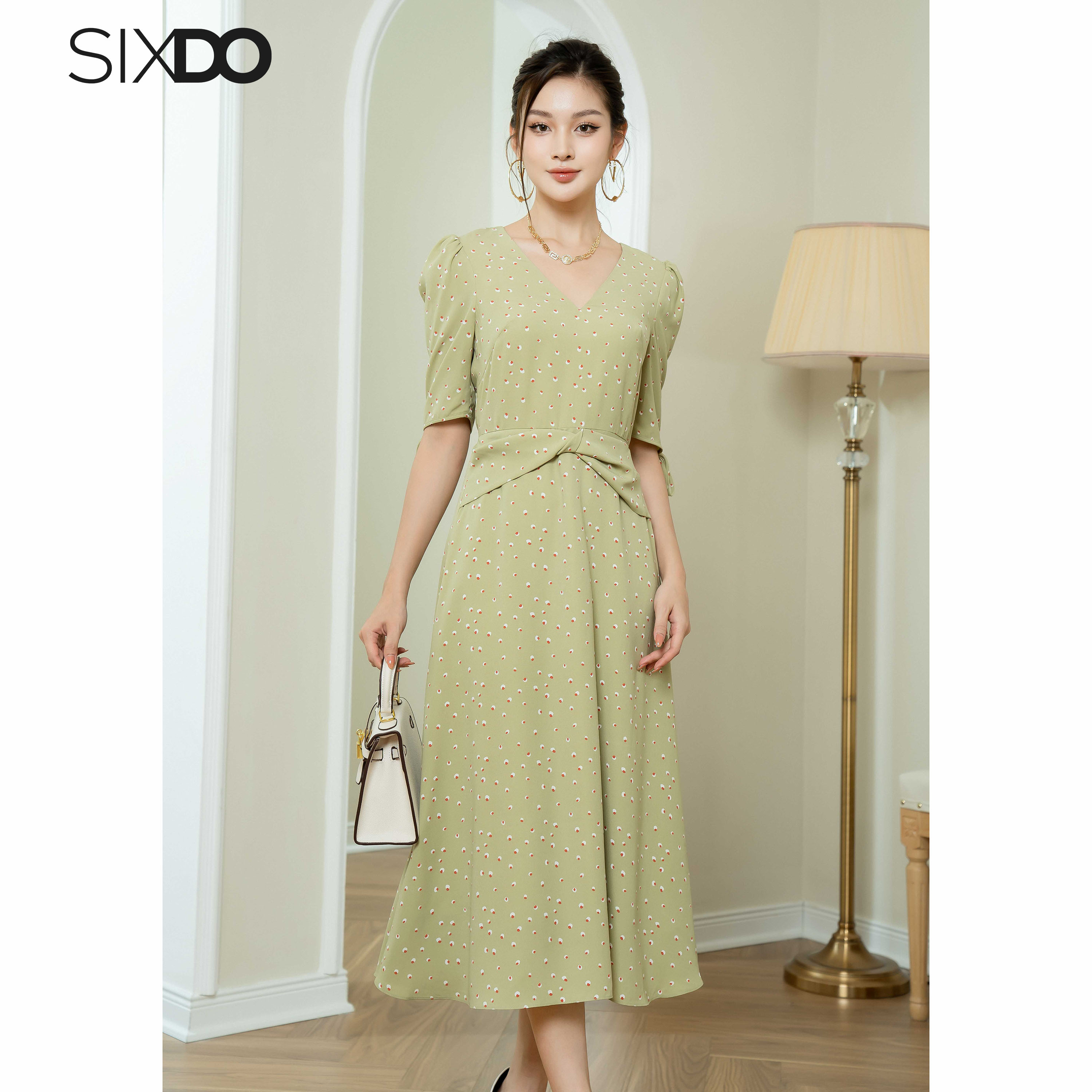 Đầm lụa cổ v tay lửng sixdo