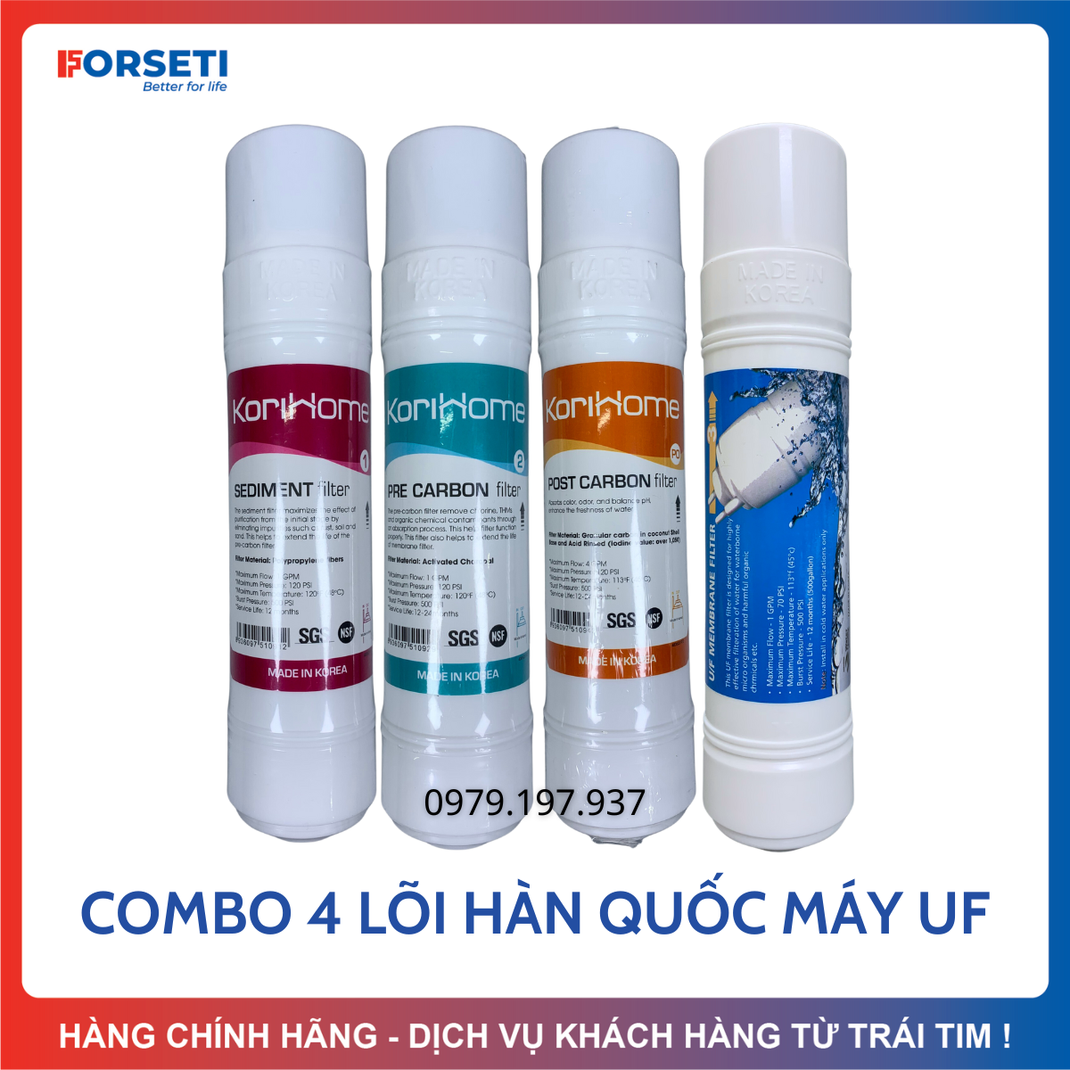 Combo 4 lõi gồm sediment, pre carbon, post carbon korihome và màng lọc uf hàn quốc không dùng điện không thải