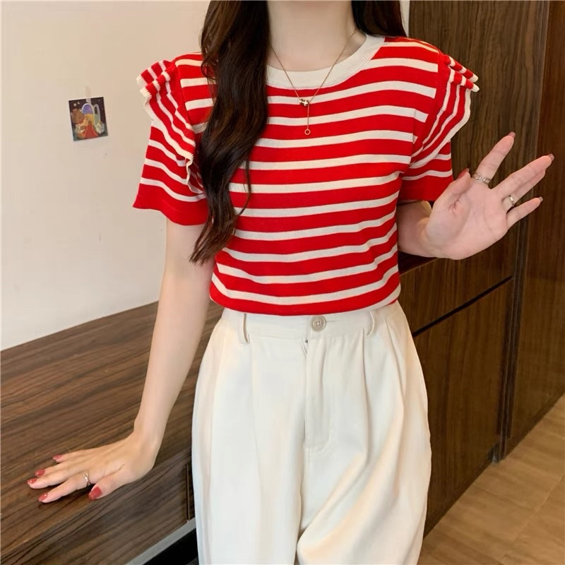 Áo Len Dệt Kim Nữ Tay Bèo - Áo Thun Nữ Cộc Tay Cổ Tròn Phối Kẻ Màu Thời Trang - LCXA160