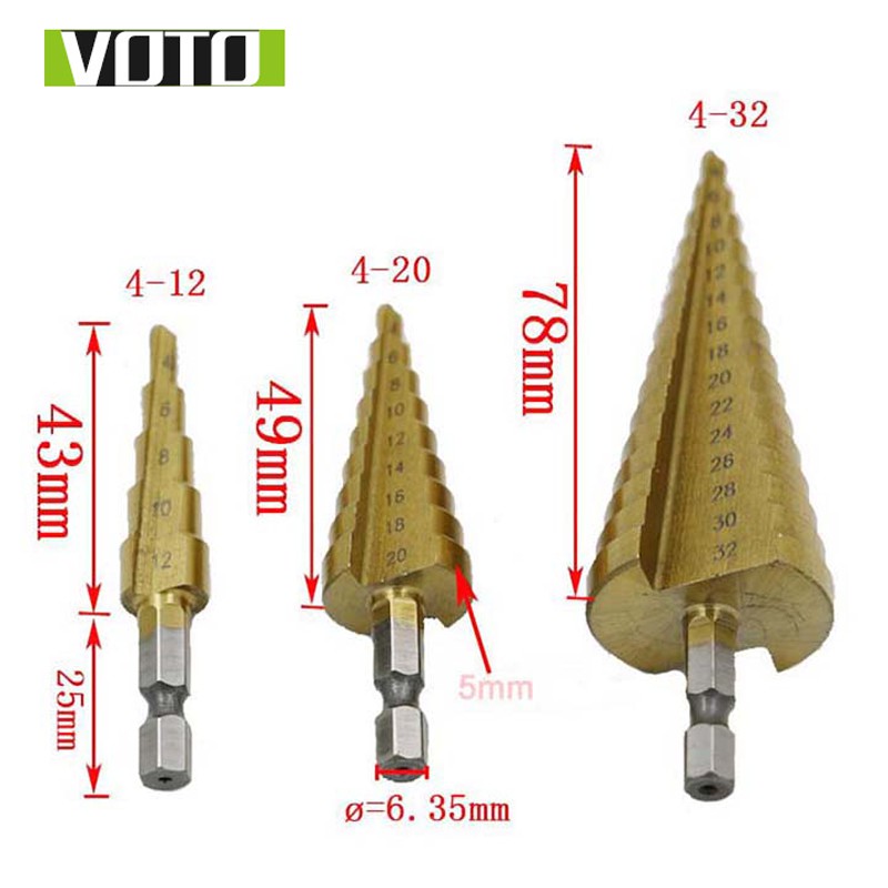 Bộ 3 Mũi Khoan Tháp Chuôi Lục Giác Thép Gió HSS Mạ Titan 4-32mm Khoan Nhôm, Nhựa, Gỗ VOTO