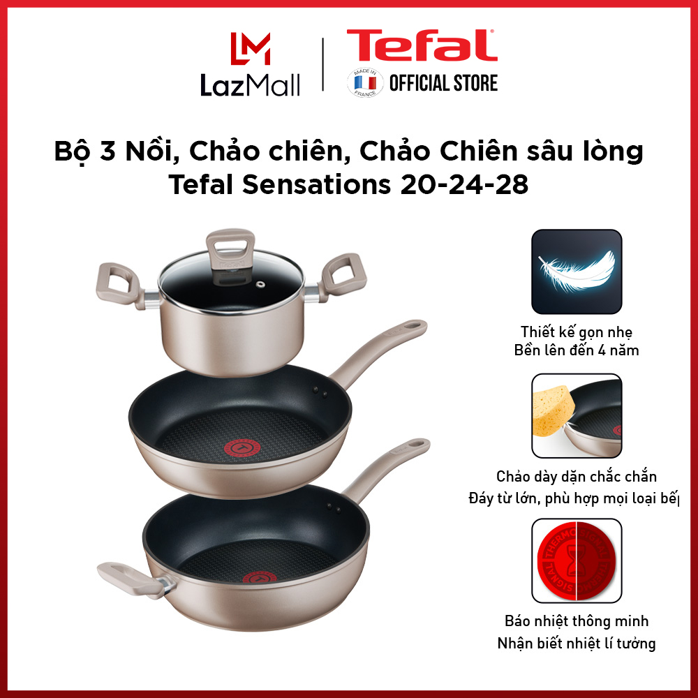 Bộ 3 nồi chảo chống dính đáy từ Tefal Sensations dùng cho mọi loại bếp (Nồi 20cm, chảo 24cm & 28cm) - Gian hàng chính hãng bảo hành 2 năm-BO3SEN1