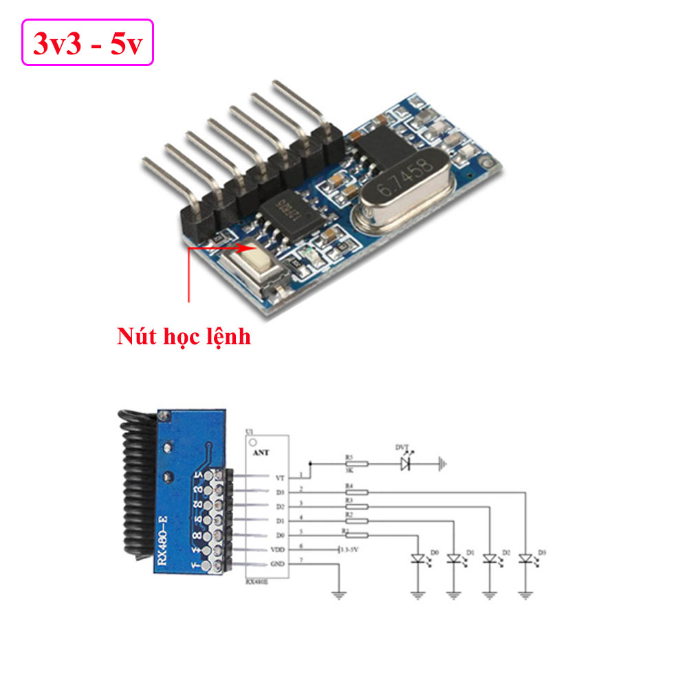 Mạch thu RF 433MHz Học Lệnh RX480 4 kênh 5v 7 chế độ ( module có anten )