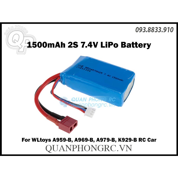 Pin 1500mAh 2S 25C 7.4V LiPo Battery T Plug For WLtoys A959B - A969B