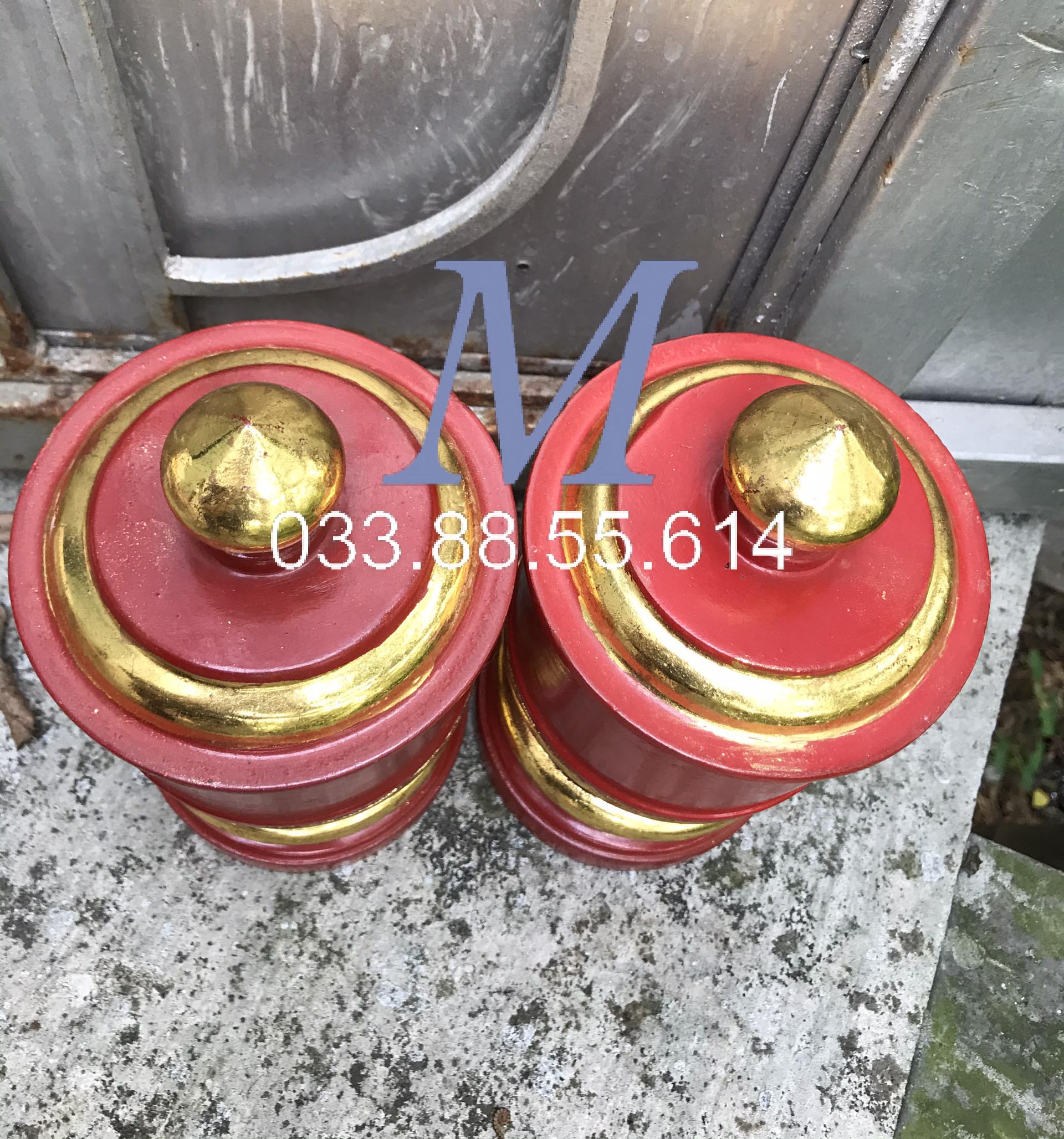Bộ 2 Qủa Đài Nến Kẻ Chỉ Giáp Vàng Gỗ Mít