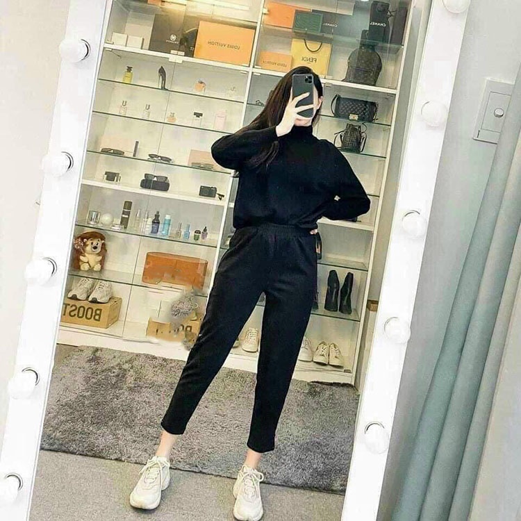 Quần baggy nữ chất dạ cạp chun đính cúc đôi trẻ trung