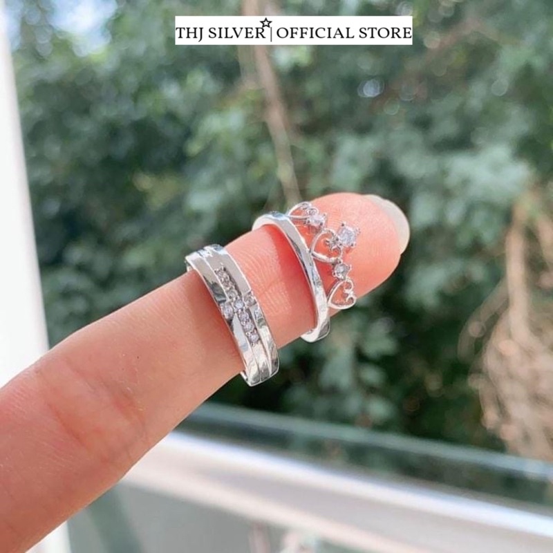 Nhẫn đôi vương miện THJ hót đính đá chuẩn bạc ta