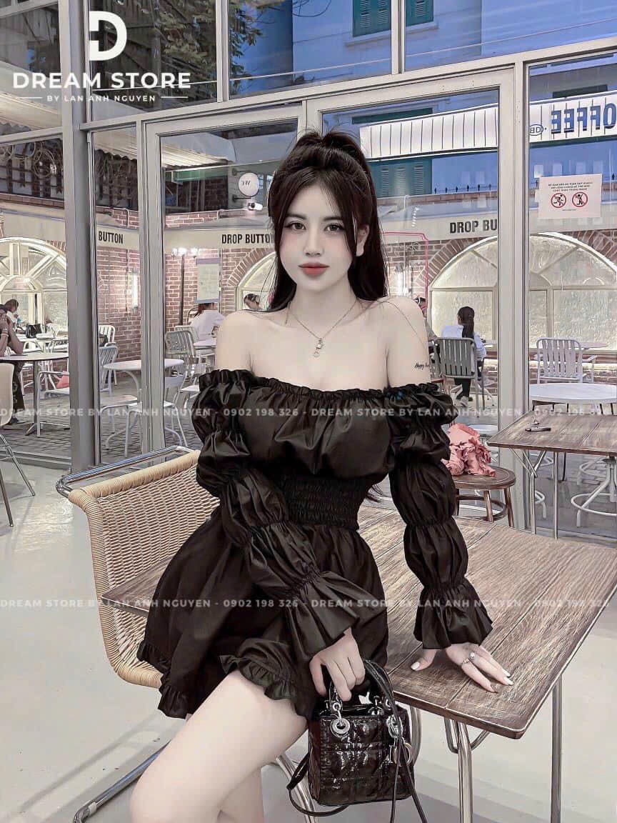 Set jum tay phồng trễ vai sang chảnh, jum đùi viền bèo mặc đi tiệc bệt vai quyến rũ ôm eo tôn dáng