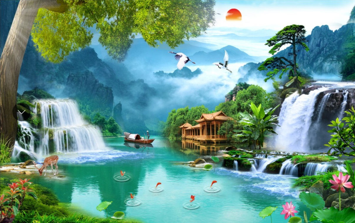 [Deal quà tặng] Tranh dán tường phòng khách sơn thủy hữu tình nhiều phong cách