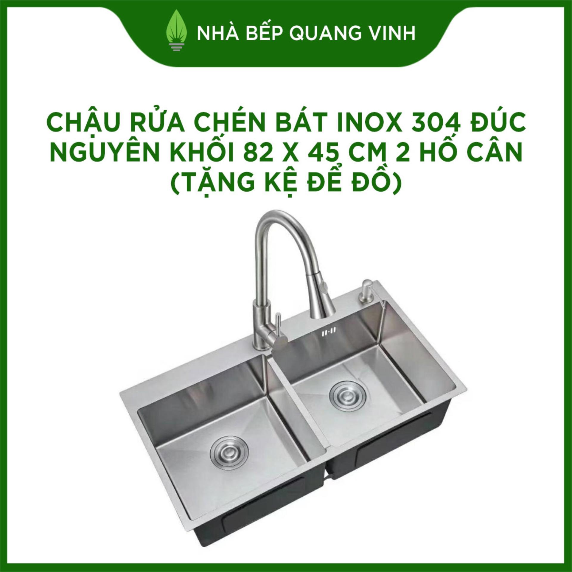 Chậu rửa chén bát Inox 304 Đúc Nguyên Khối 82 x 45 cm 2 hố cân (tặng kệ để đồ)-QUANG VINH