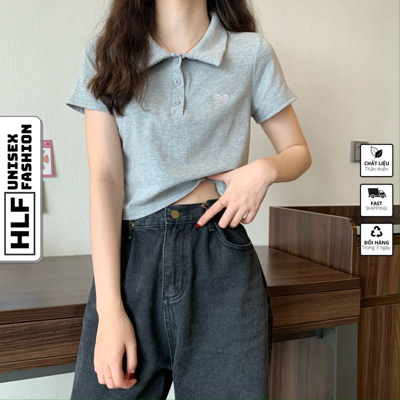 Áo polo croptop tay ngắn nữ thêu trái tim bên ngực, áo thun nữ HLFashion