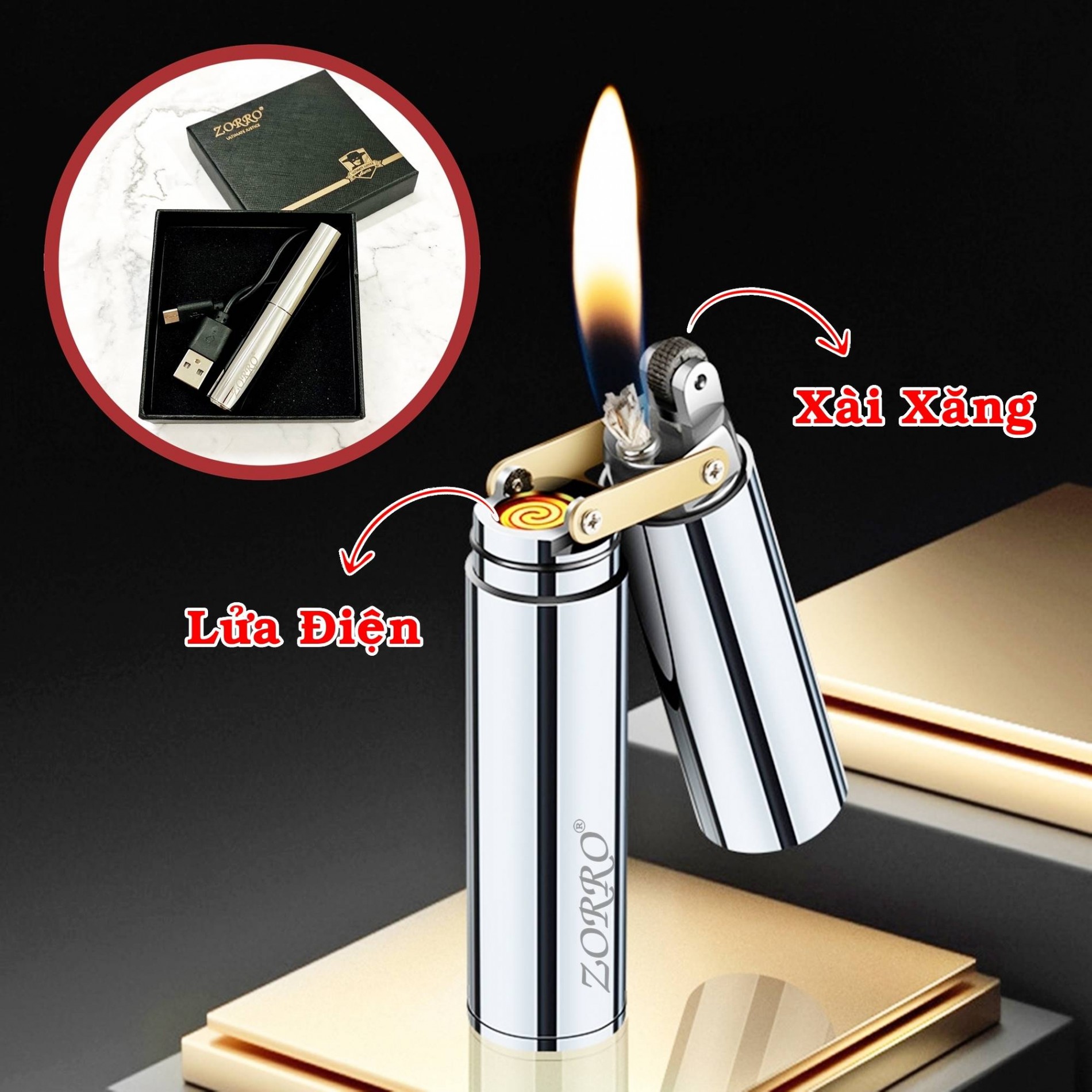 BẬT LỬA ZORRO CÔN NHỊ KHÚC 2 CHẾ ĐỘ LỬA (CHIẾT HOẢ TỬ + XĂNG ĐÁ) (FULLBOX) - (SẠC ĐIỆN - XÀI XĂNG) VÀNG, ĐEN,BẠC