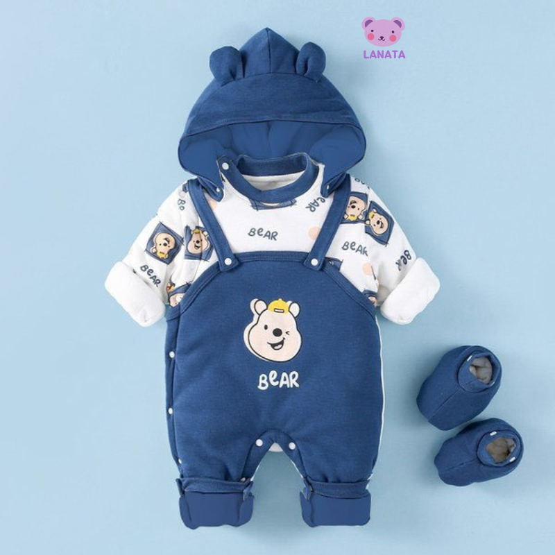 Bodysuit cho bé dài tay kèm mũ HÌNH HỔ ấm áp, body NỈ BÔNG cho bé trai bé gái mẫu quần áo sơ sinh cho bé 0-12M