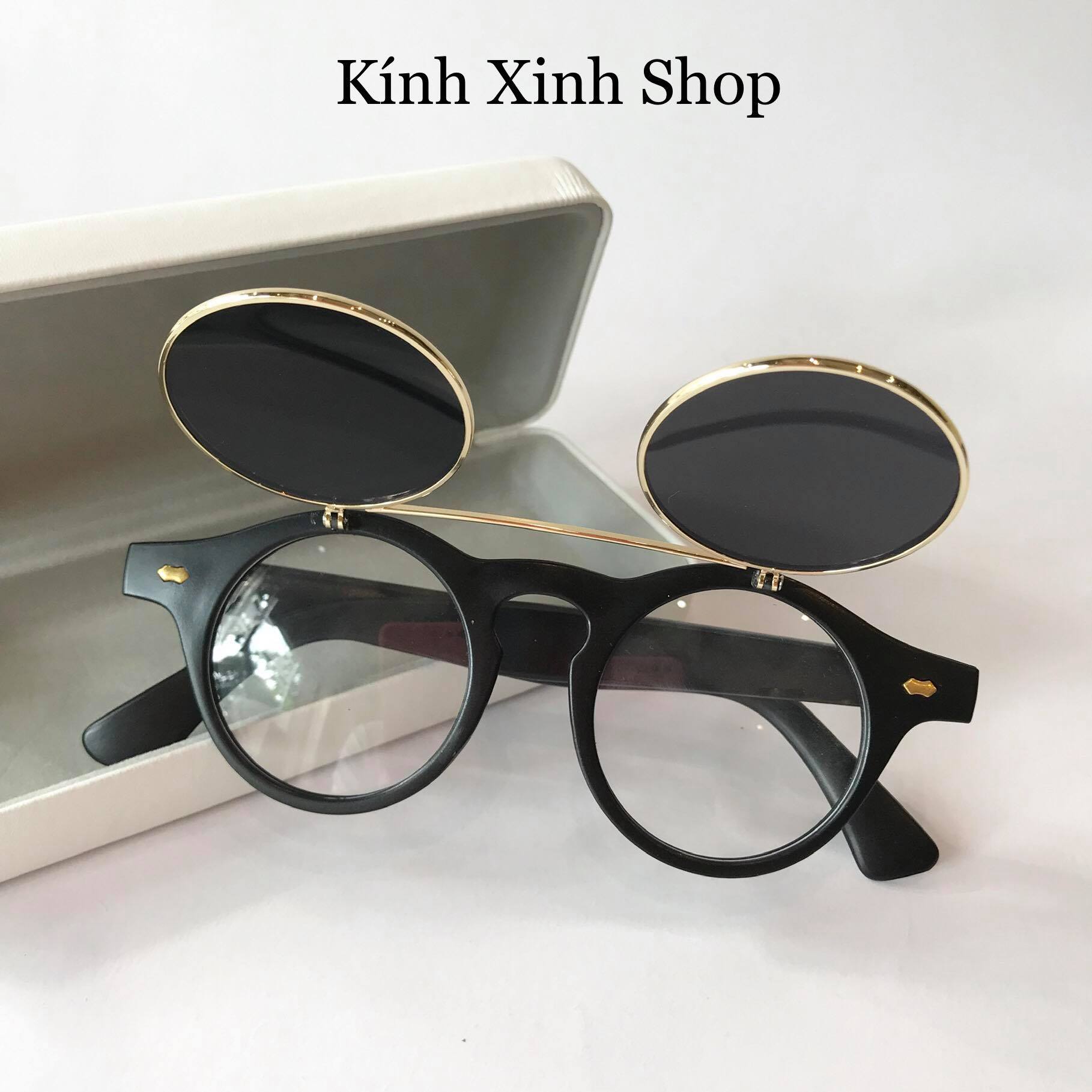 Kính râm, kính mát nam nữ mắt tròn 2 tròng lật 2in1 phong cách retro cao cấp