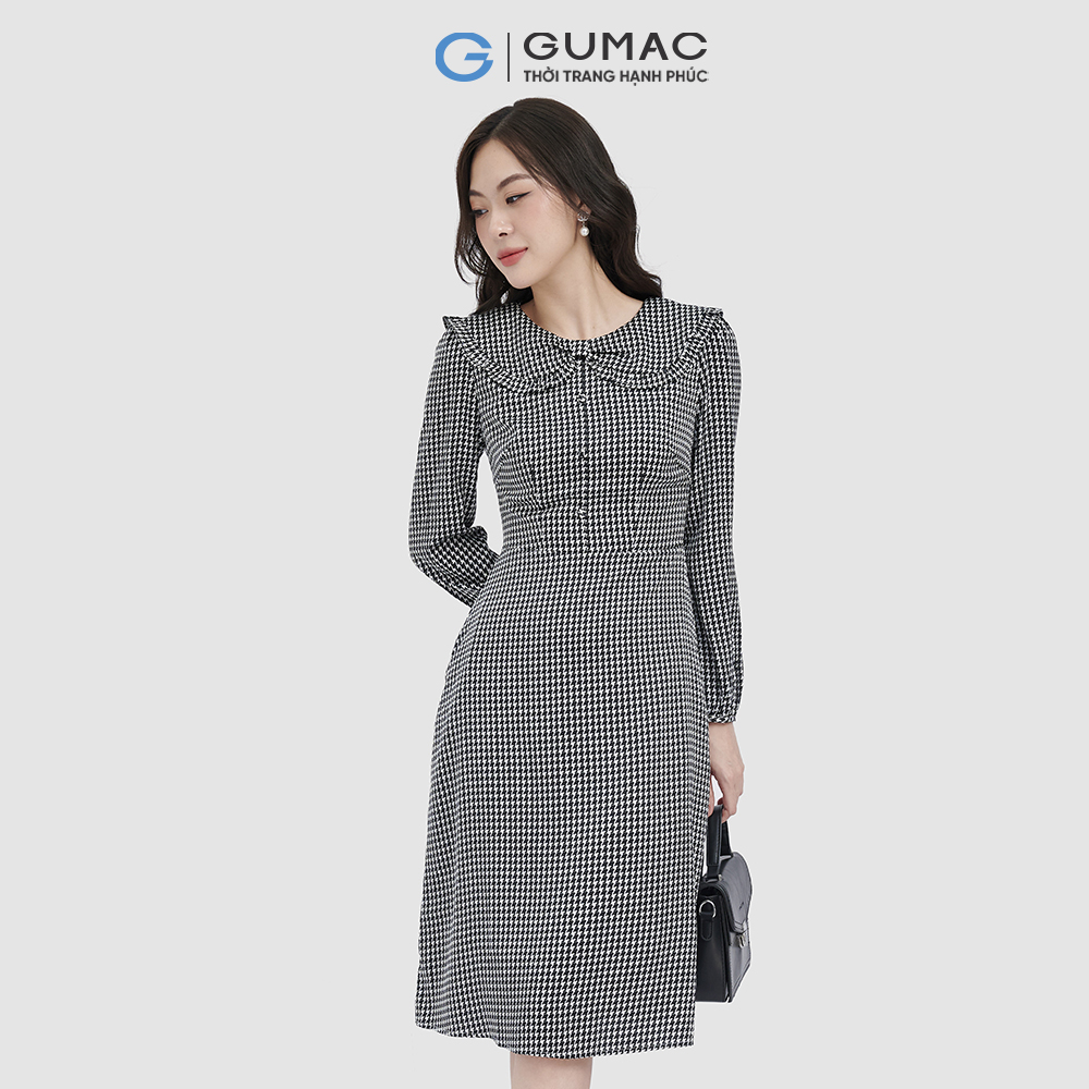 Đầm lụa họa tiết bâu nơ cổ lá GUMAC DC09092