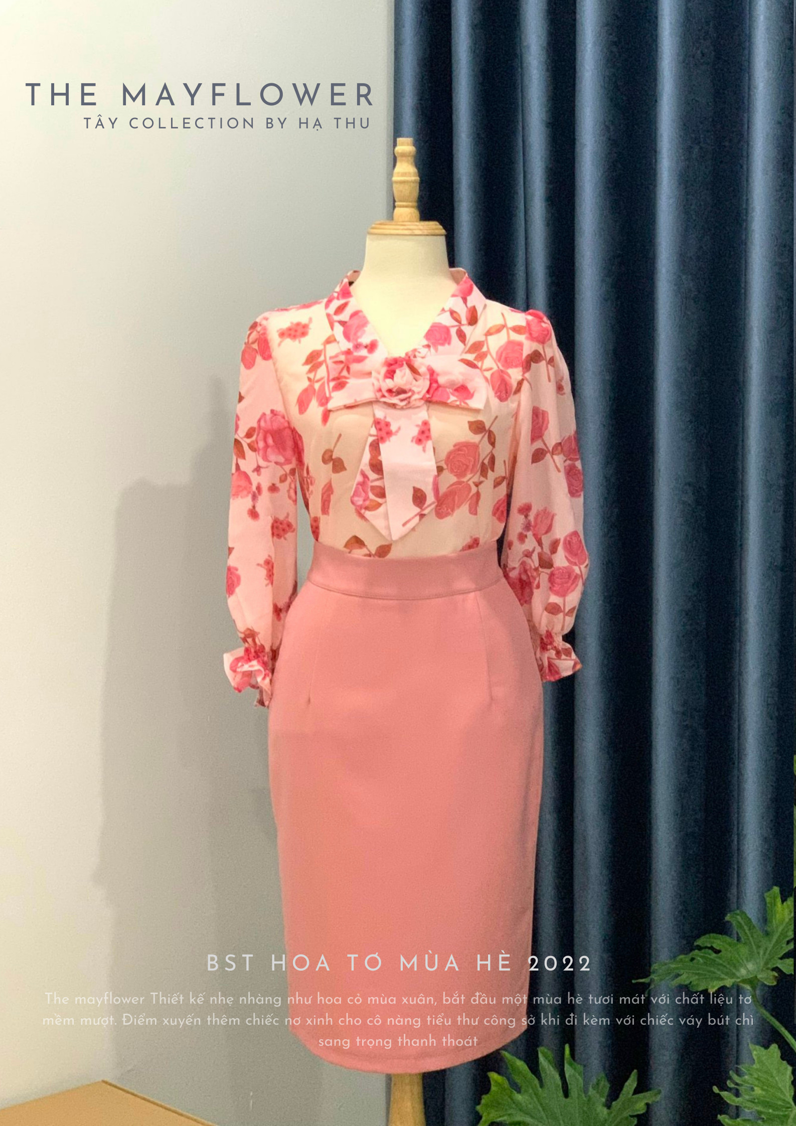 Áo sơ mi tơ hoa phối nơ ngực Tây.Design