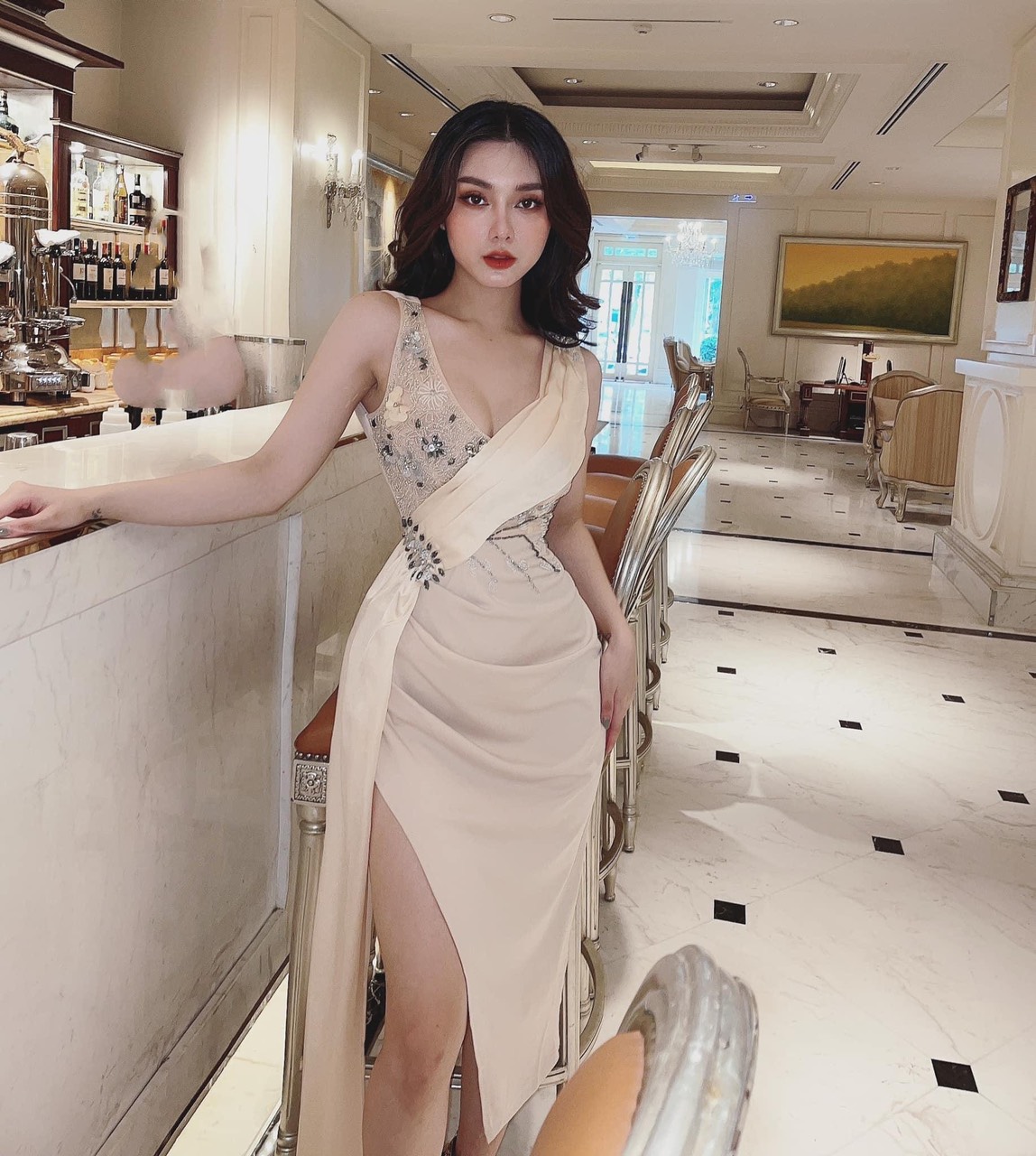 Đầm body dự tiệc kết cườm chất phi lụa tripble t dress phối tà ngoài - size m/l - ms364v