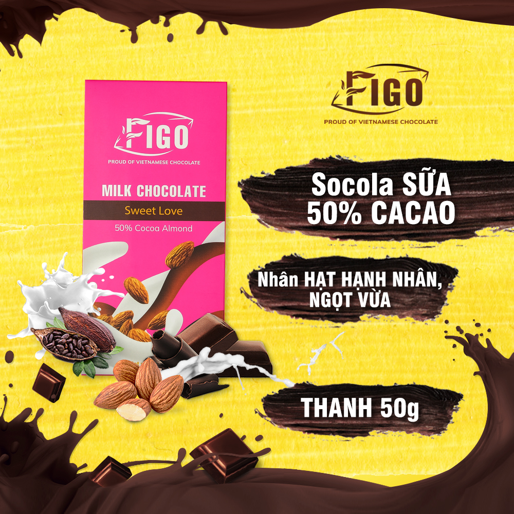 Kẹo socola sữa thỏi 50g nhân Hạt hạnh nhân FIGO, FIFOOD STORE
