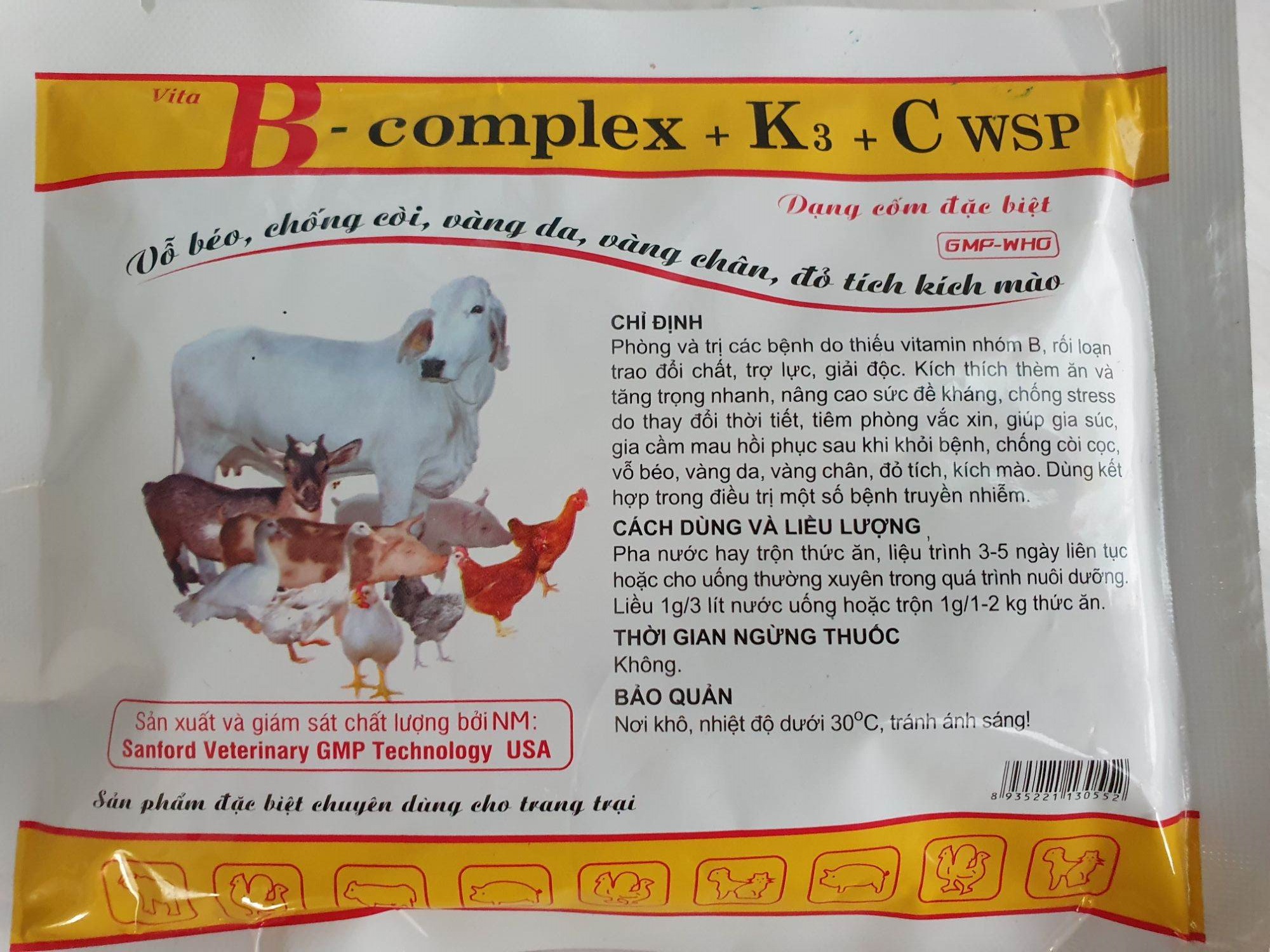 B Complex + K3 + C wsp vỗ béo, chống còi, vàng da, vàng chân, đỏ tích kích mào gói 100g