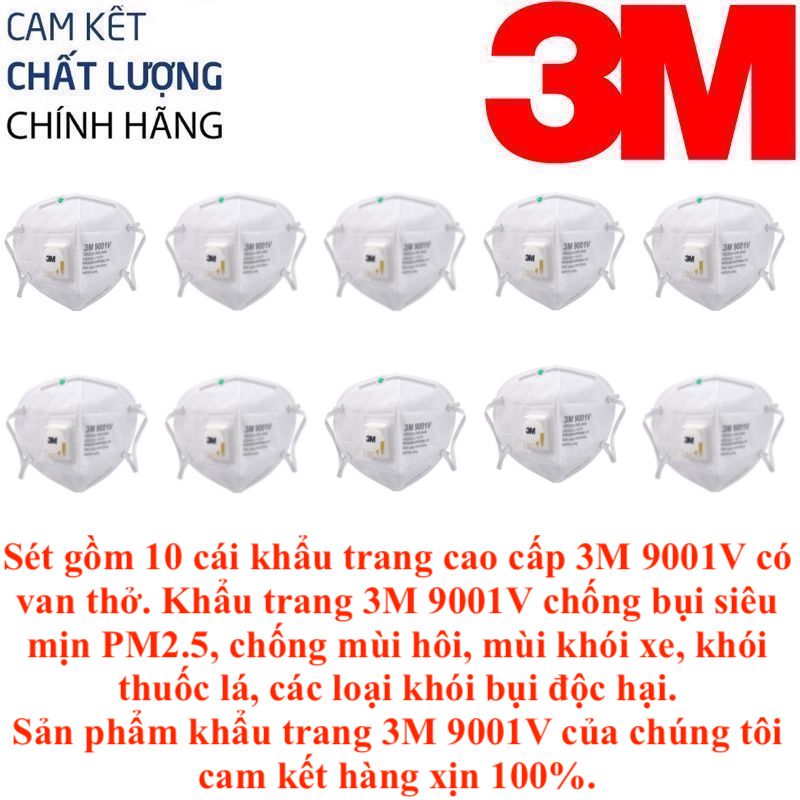 Combo gồm 10 Khẩu trang 3M 9001V chất liệu vải không dệt cao cấp, có van thở 1 chiều, chống bụi siêu mịn PM2.5, chống các loại bụi gây hại cho hệ hô hấp, chống virus cảm cúm, chống mùi khói xe, mùi khói, mùi hôi