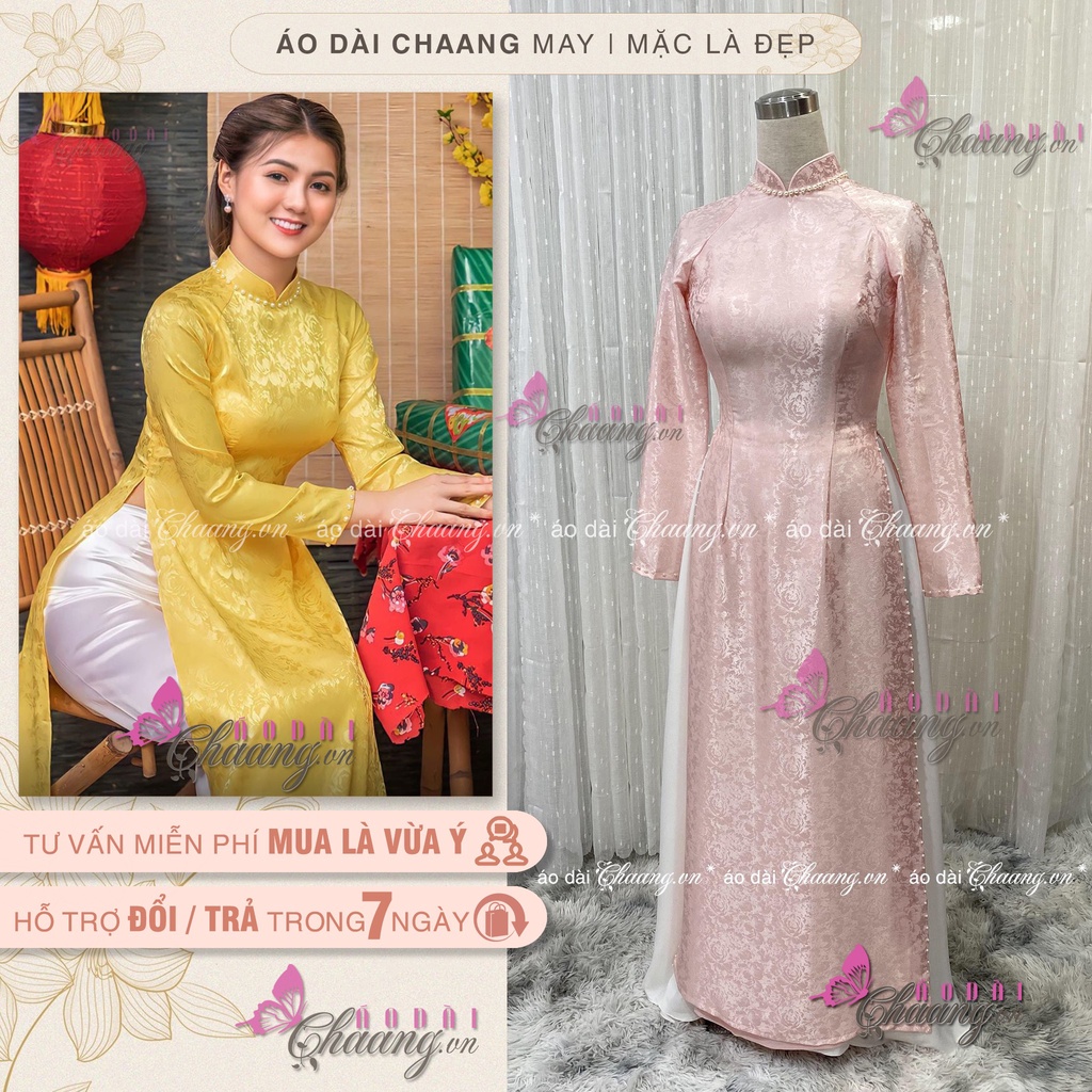 ÁO DÀI GẤM ❤️❤️ Họa tiết vân hoa dệt chìm đính hạt ngọc trang trí CHANG210524Áo dài Chaang