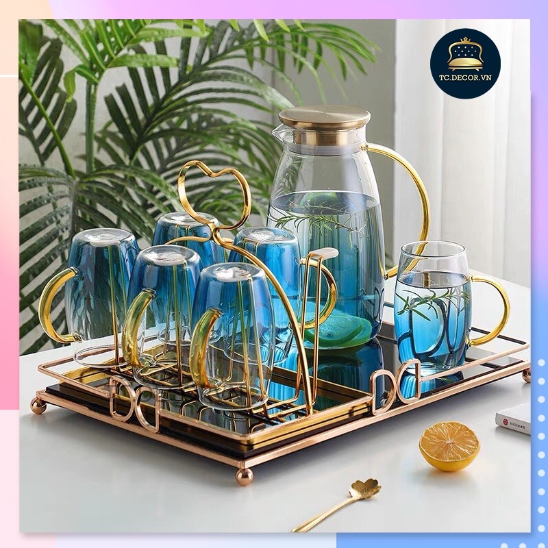Bộ 6 cốc thuỷ tinh borosilicate + bình ánh xanh cao cấp 🌸 sang trọng tinh tế 🌸