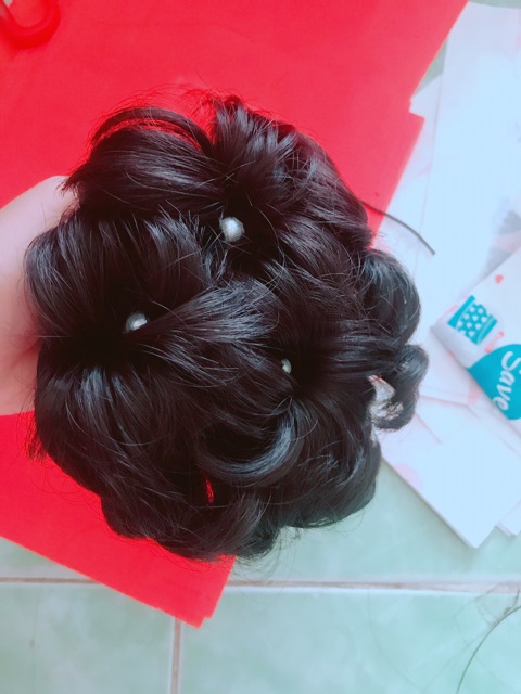 Tóc Giả Búi Hoa Dây Rút Đính Hạt Cao Cấp