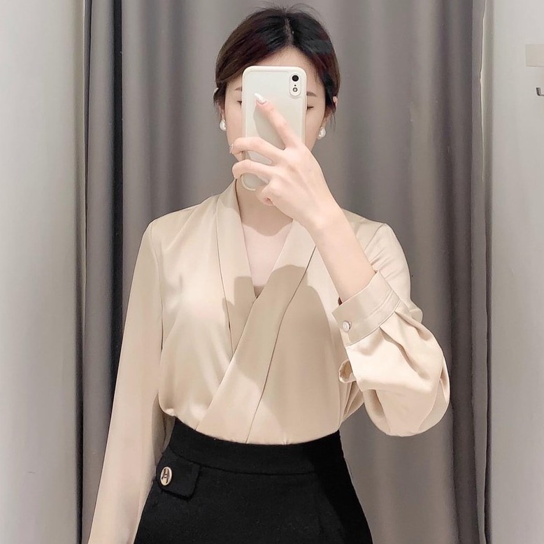 Áo sơ mi kiểu công sở nữ - áo sơ mi lụa cổ v chéo 037