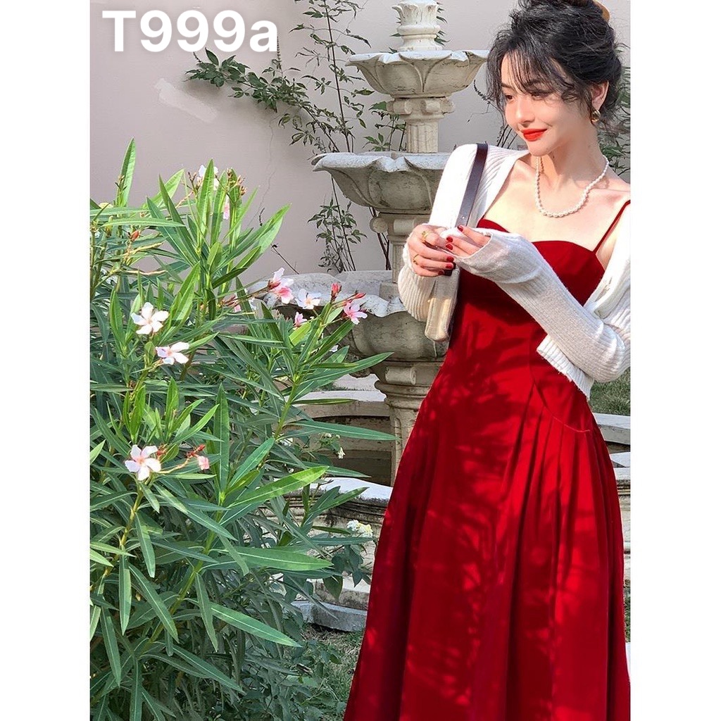 Đầm 2 dây nữ có túi dáng xoè kèm áo khoác nhẹ cardigan gân tăm T999a