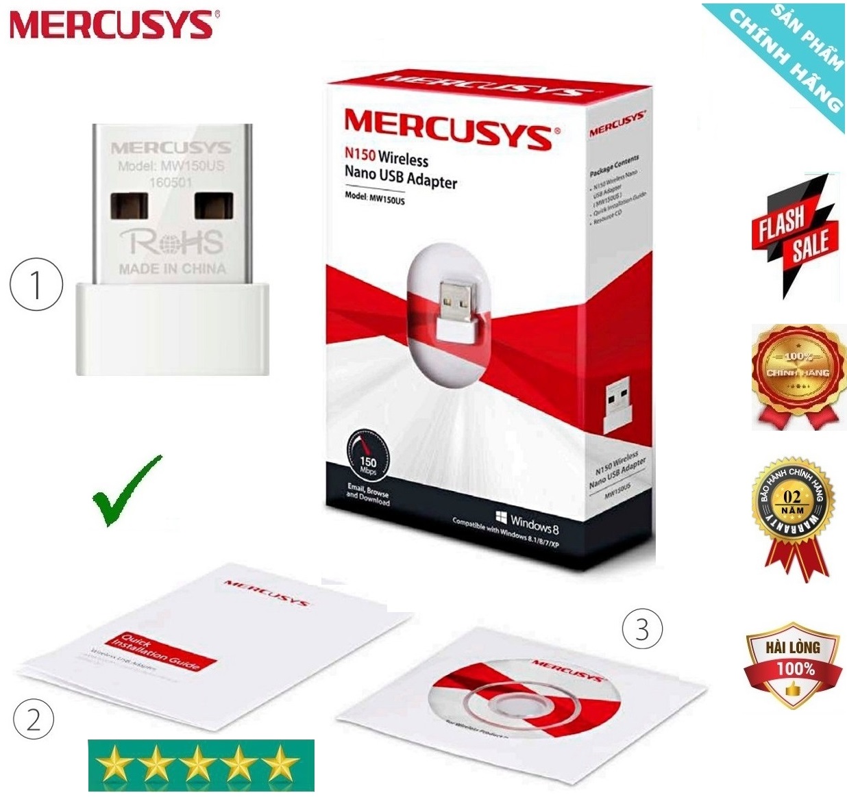 Bộ Thu USB WiFi Mercusys 150Mbps Mini MW150US (Trắng)