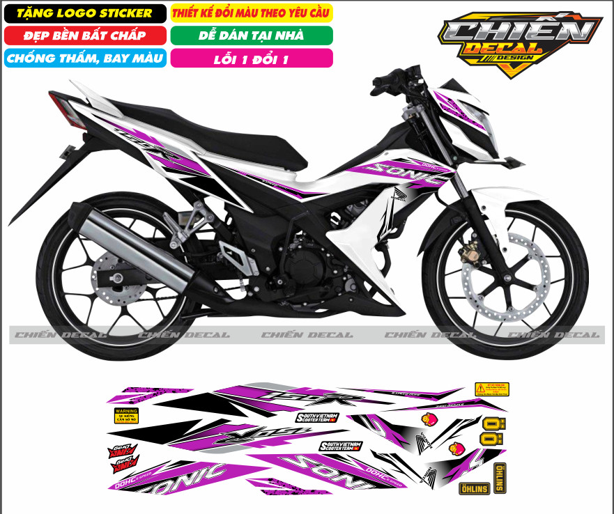 Tem rời xe sonic 150 màu trắng nhiều kiểu lựa chọn (tem 3 lớp cao cấp)