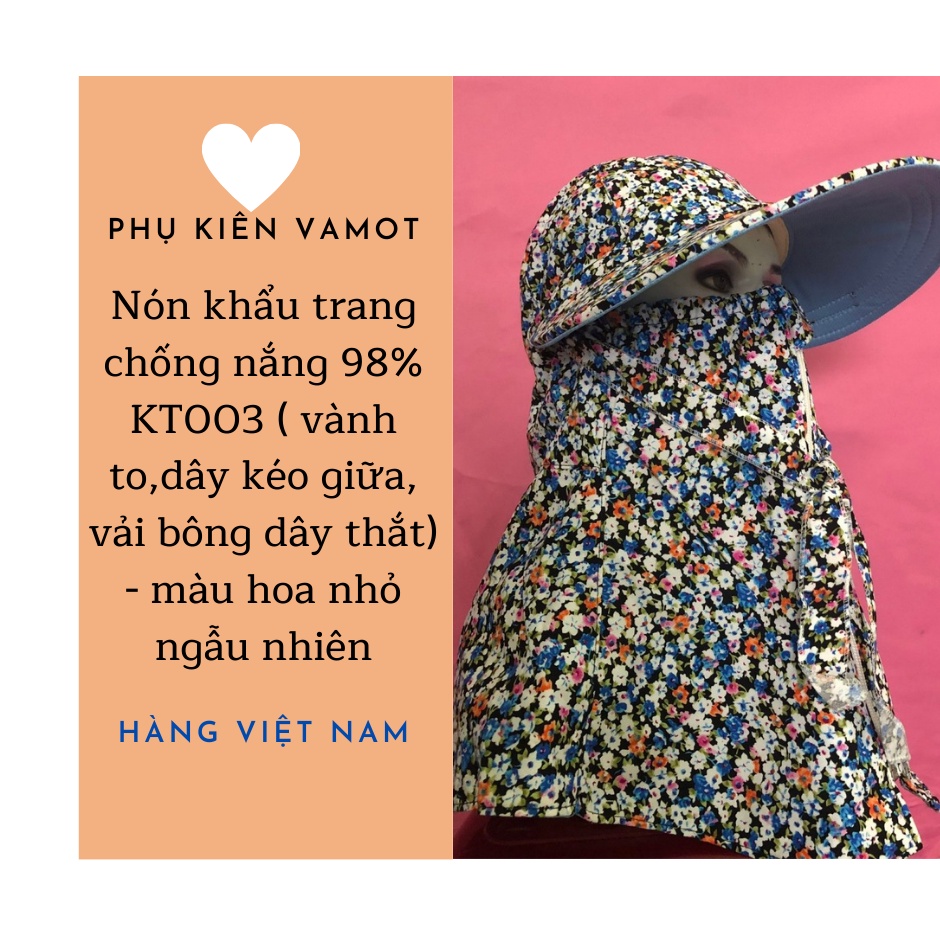 Nón khẩu trang chống nắng 98 phần trăm KT003 ( vành to,dây kéo giữa, vải bông dây thắt)