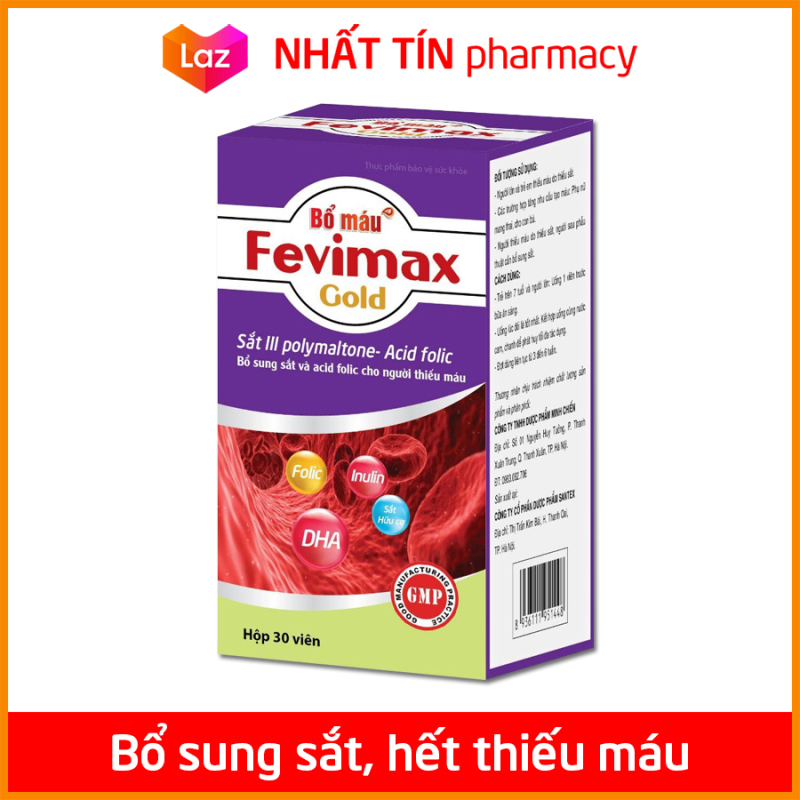 Viên uống Bổ máu Fevimax Gold bổ sung Sắt, Acid Folic cho người thiếu máu não, phụ nữ mang thai và sau sinh - Hộp 30 viên - NHẤT TÍN PHARMACY cao cấp